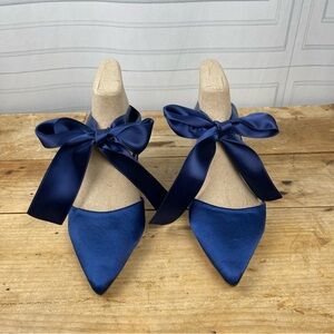 Kailee P. Satin Ankle Tie Pointy Flats - Navy Blue - Size 5.5‎